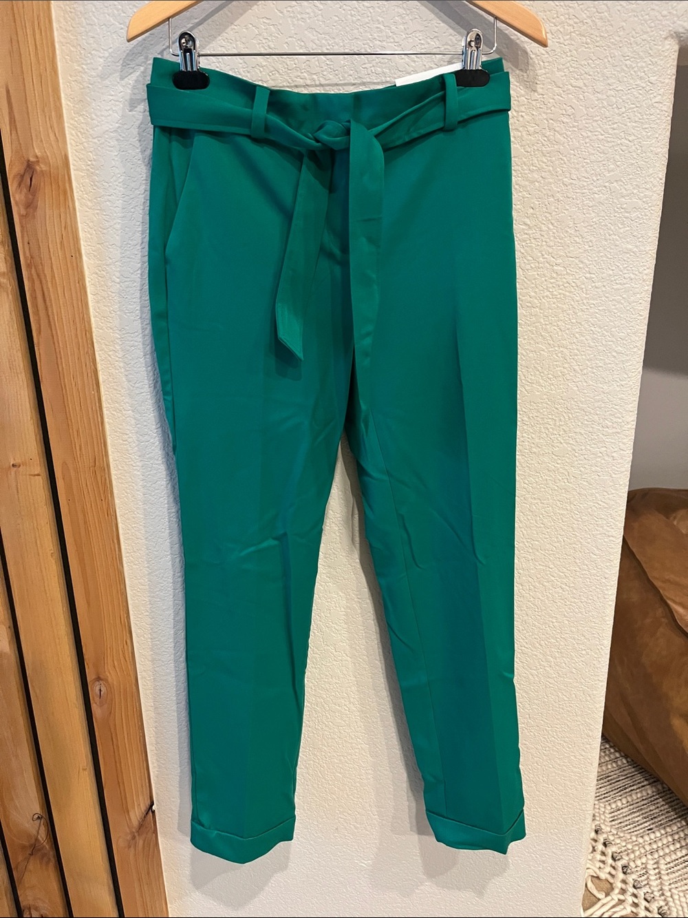 Mid-Rise Green Tie-Waist Trousers